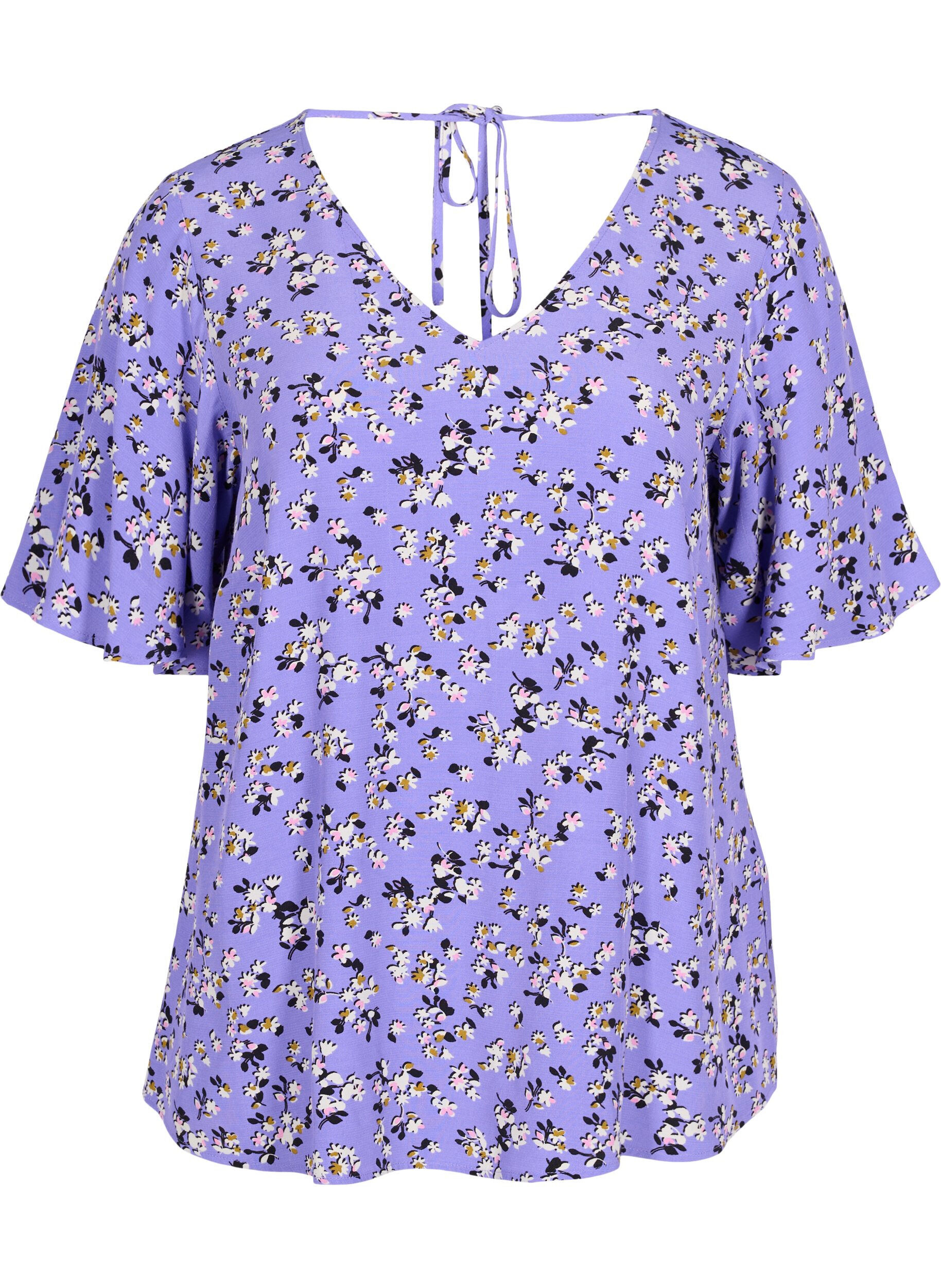 Zizzi Viscose top met bloemen en strikdetail, Lilac Flower Print, Packshot image number 0