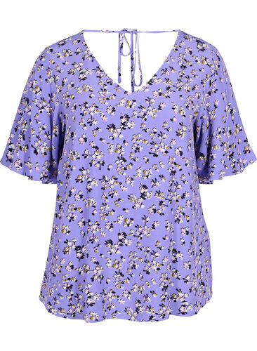 Viscose top met bloemen en strikdetail, Lilac Flower Print, Packshot image number 0