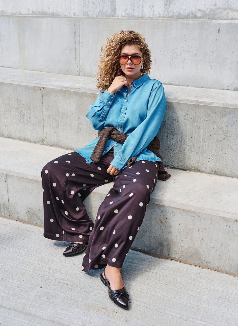 Viscose broek met stippen en wijde pijpen, Bruin, Image image number 0
