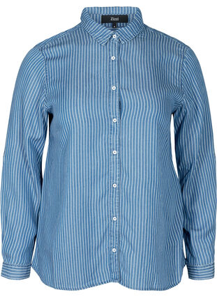 Gestreepte blouse in lyocell, Blue denim, Packshot image number 0
