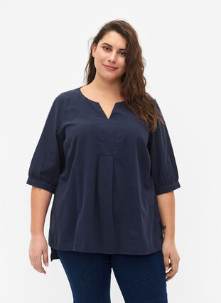 FLASH - Katoenen blouse met halflange mouwen, Navy Blazer, Model image number 0