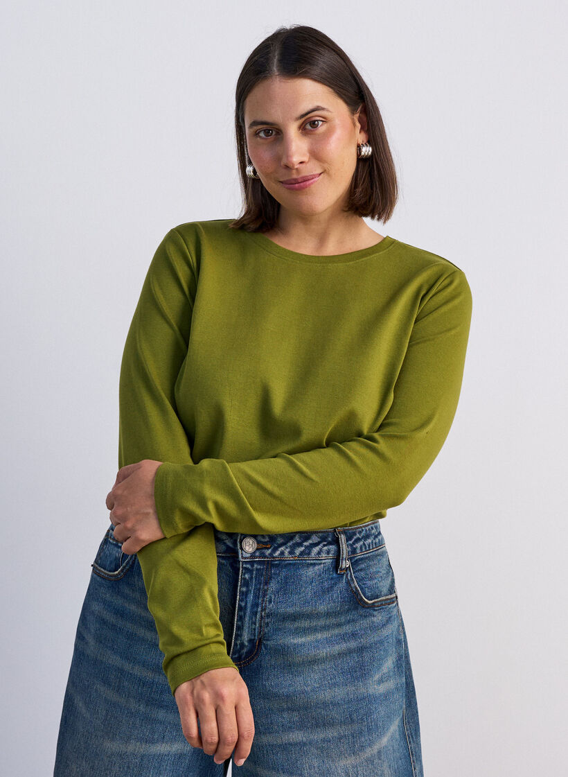 Basic T-shirt met lange mouwen en ronde hals, Groen, Model image number 0