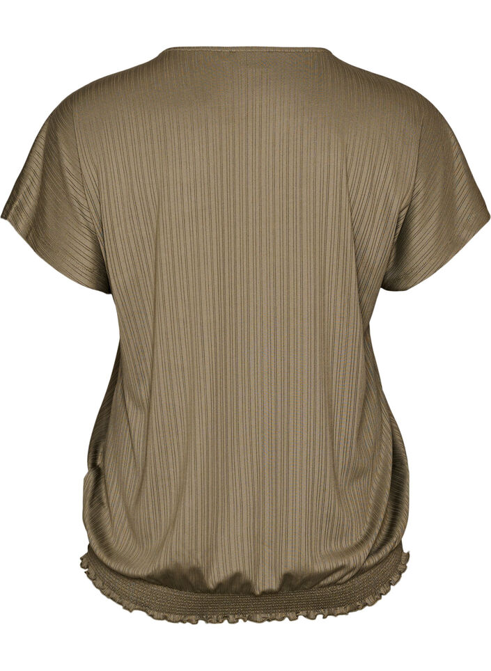 Jersey blouse met gestructureerde strepen en een gesmokte zoom, Bruin, Packshot image number 1