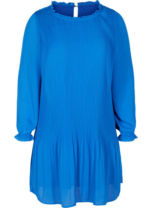 Plissé jurk met lange mouwen en ruches, Dazzling Blue, Packshot image number 0
