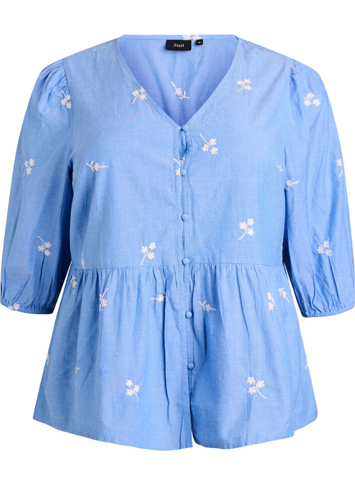 Katoenen blouse met geborduurde bloemen en knoopsluiting, Blauw, Packshot image number 0