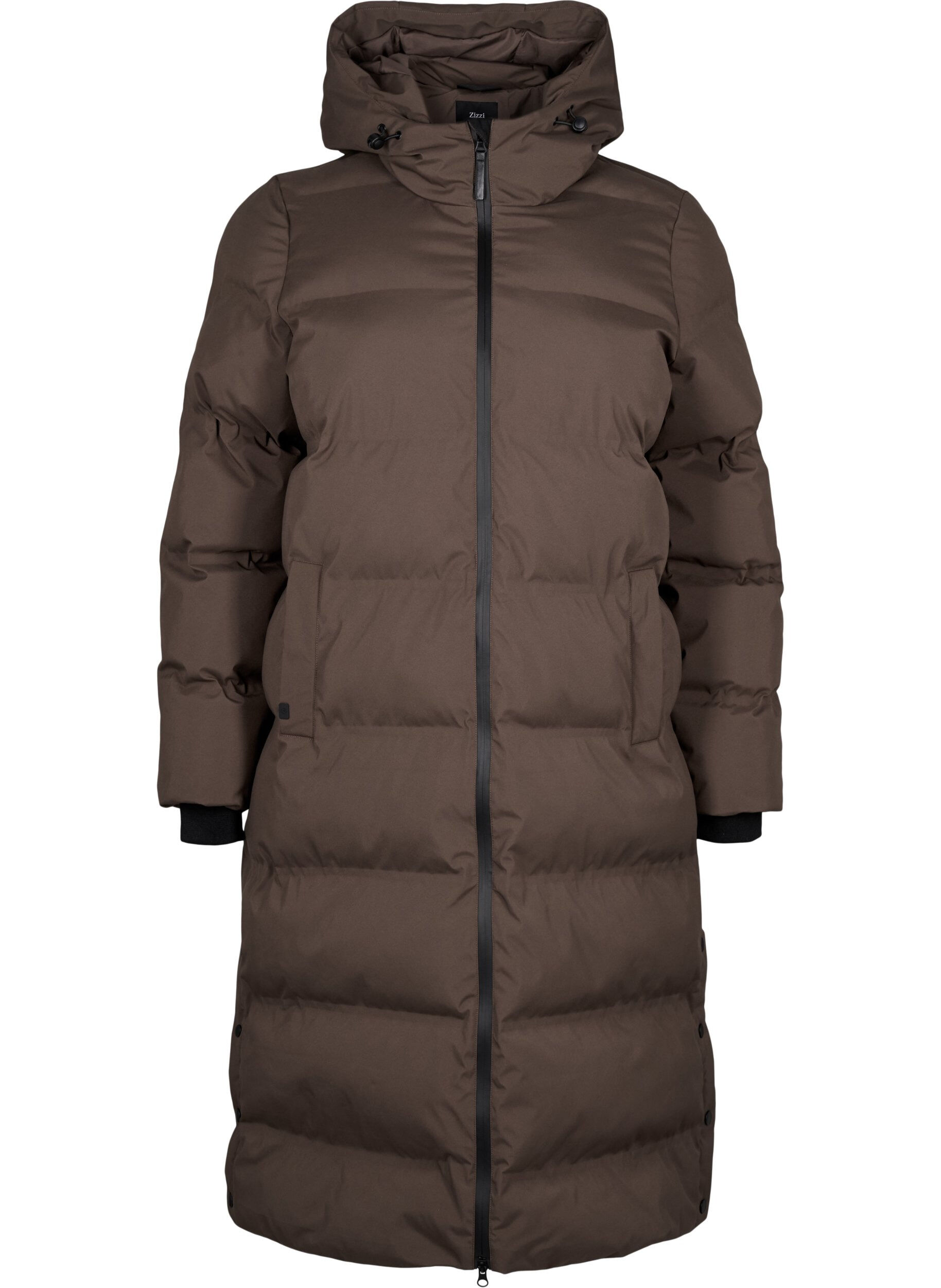Zizzi Lange puffer winterjas met capuchon, Bruin, Packshot image number 0