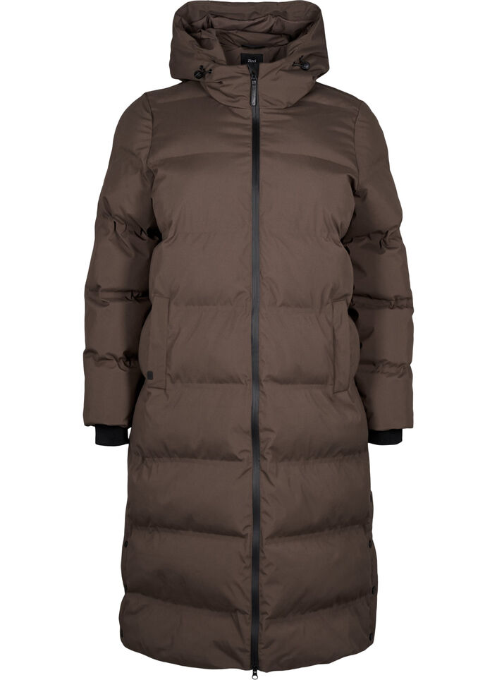 Lange puffer winterjas met capuchon, Bruin, Packshot image number 0