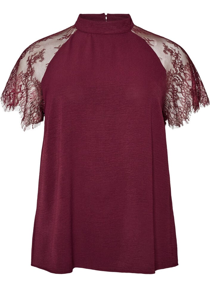 Blouse met korte kanten mouwen en hoge hals, Rood, Packshot image number 0