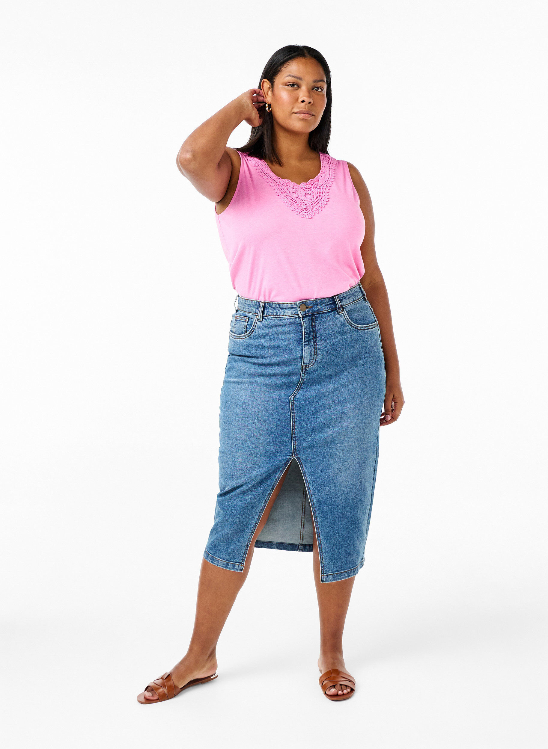 Zizzi Mouwloos top met kant, Rosebloom, Model image number 2