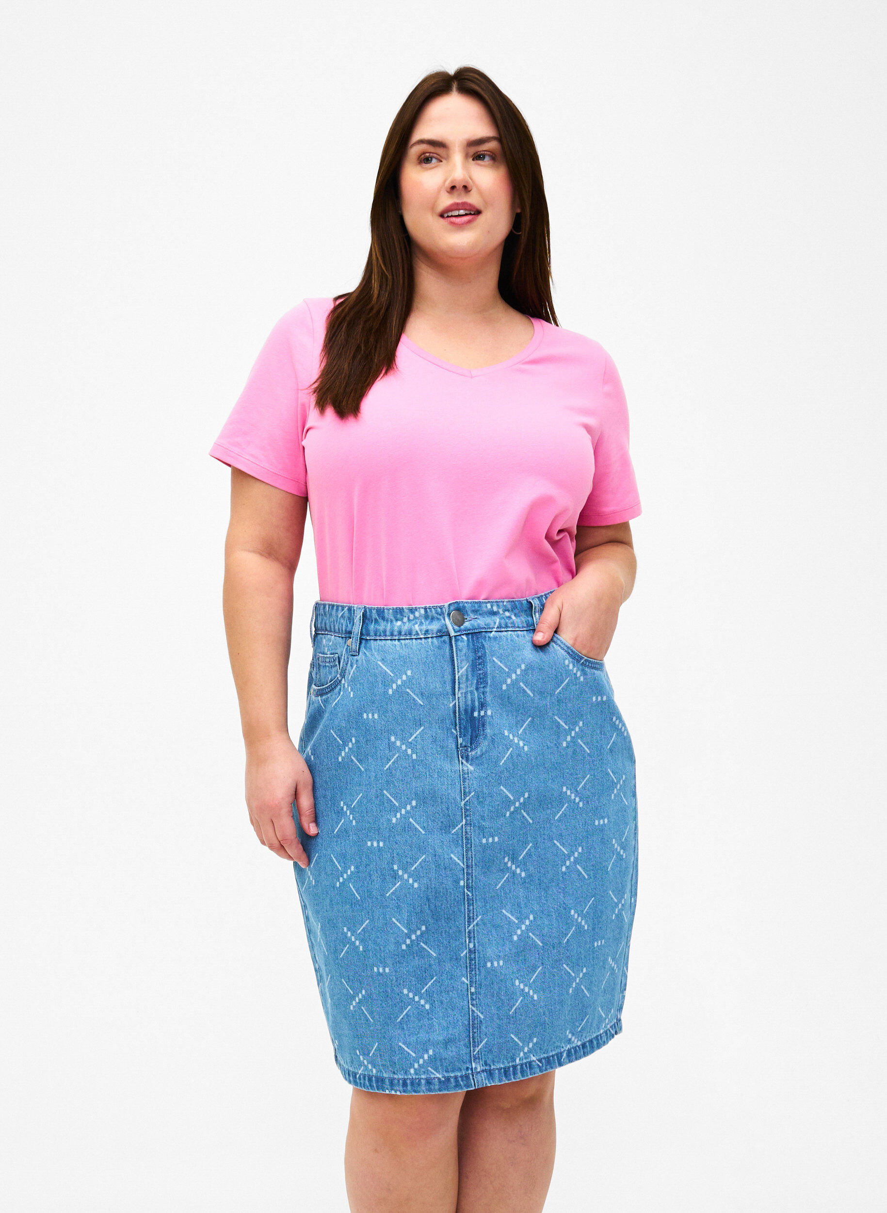 Zizzi Denim rok met patroon, Light blue denim, Model image number 0
