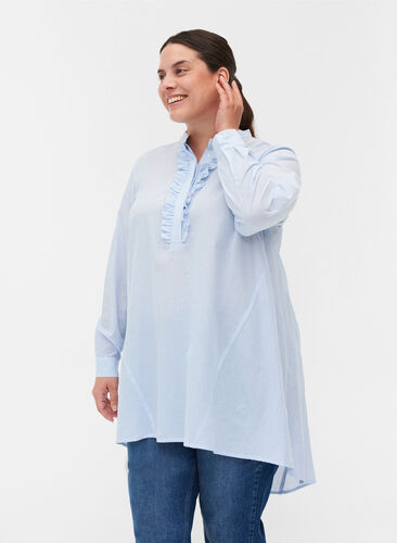 Katoenen blouse met strepen en ruches, Blue Stripe, Model image number 0