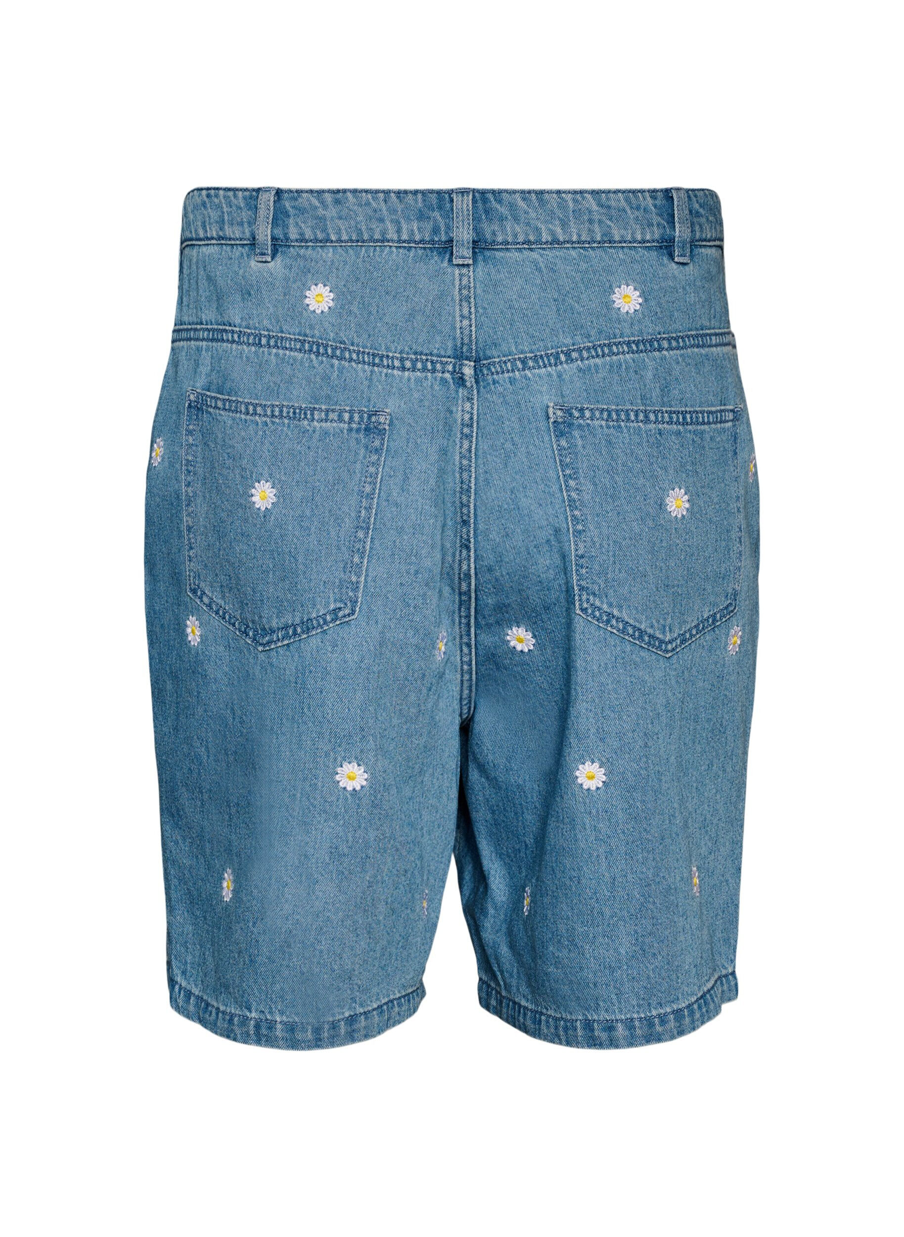Zizzi High waist denimshorts met bloemenborduursel, Blauw, Packshot image number 1