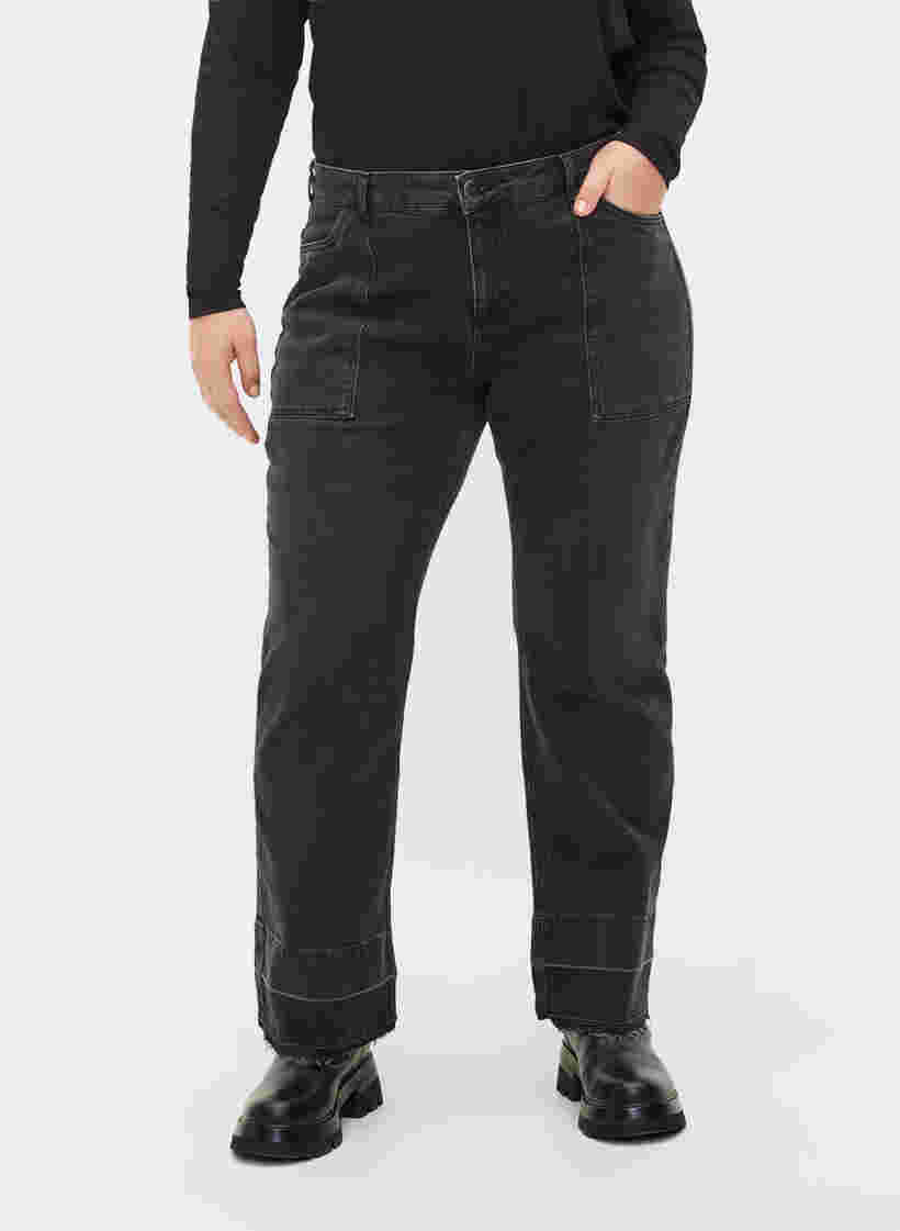 Wijd uitlopende jeans met hoge taille, Grey Denim, Model image number 2
