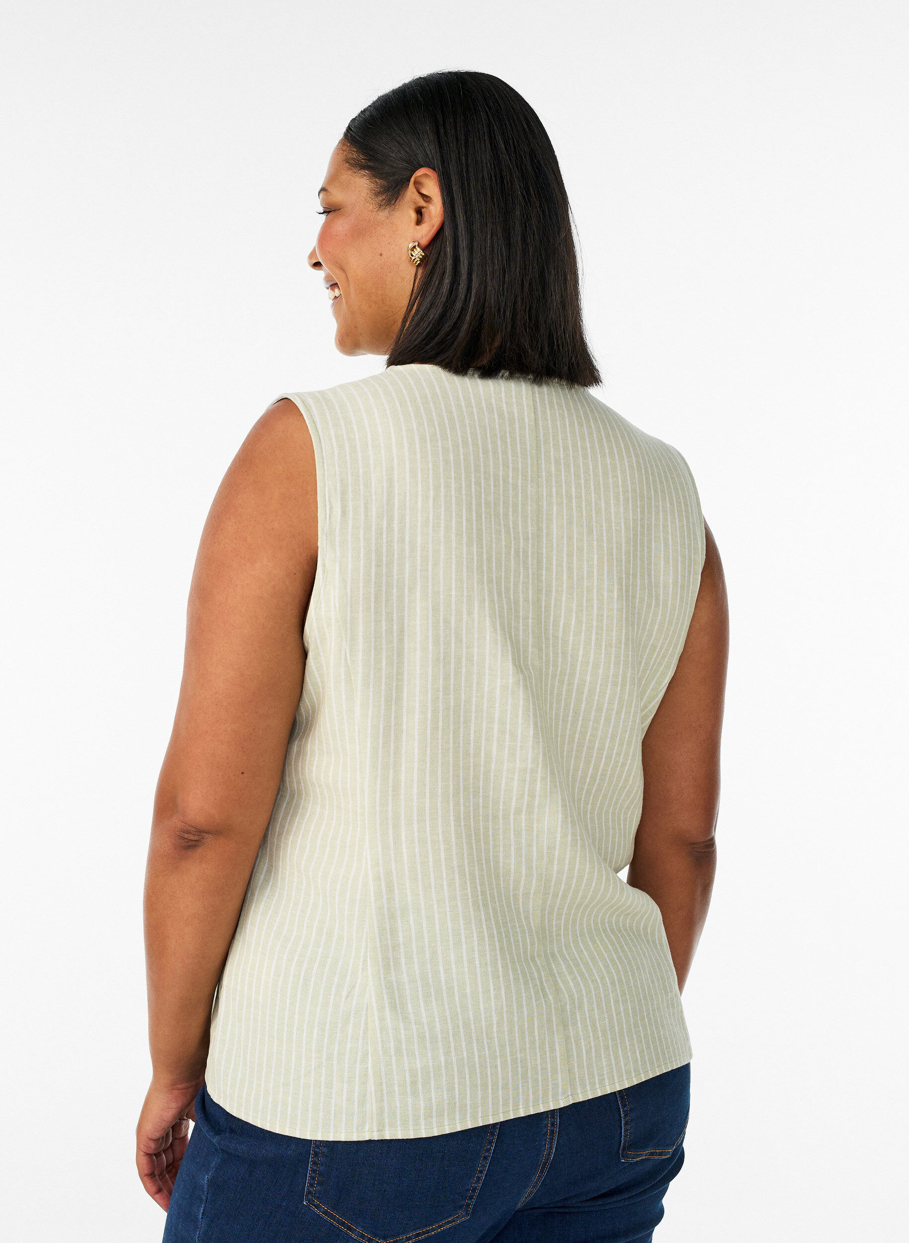ZizziGestreepte vest in linnen en viscose, Groen, Model image number 2