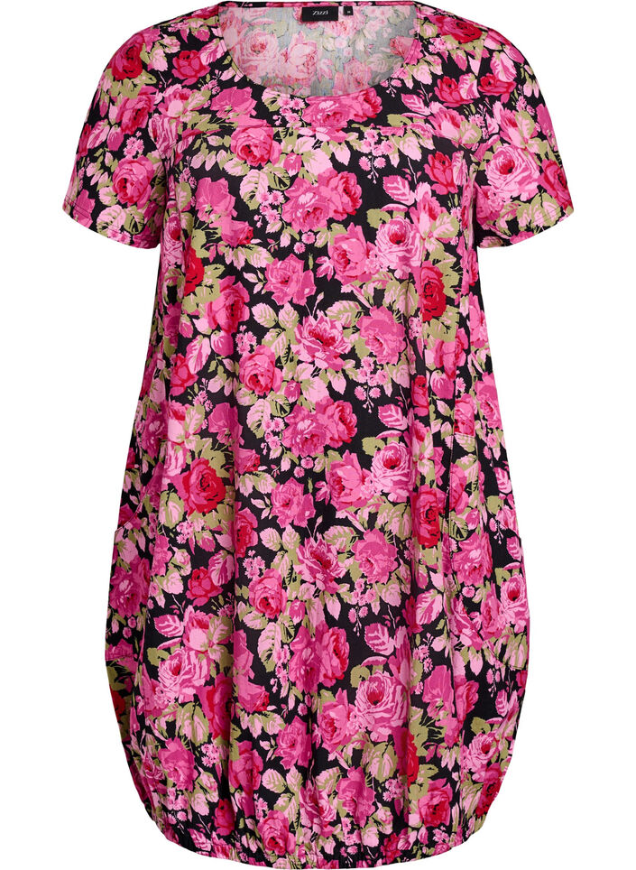 Katoenen jurk met korte mouwen en print, Zwart, Packshot image number 0