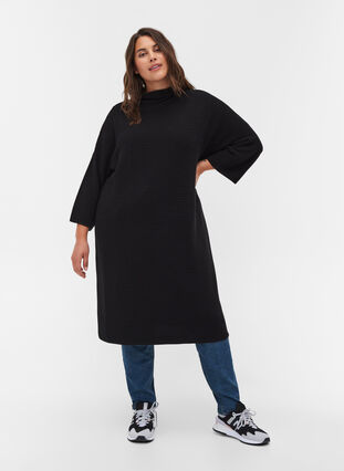 Gebreide jurk met cropped mouwen, Black, Model image number 2