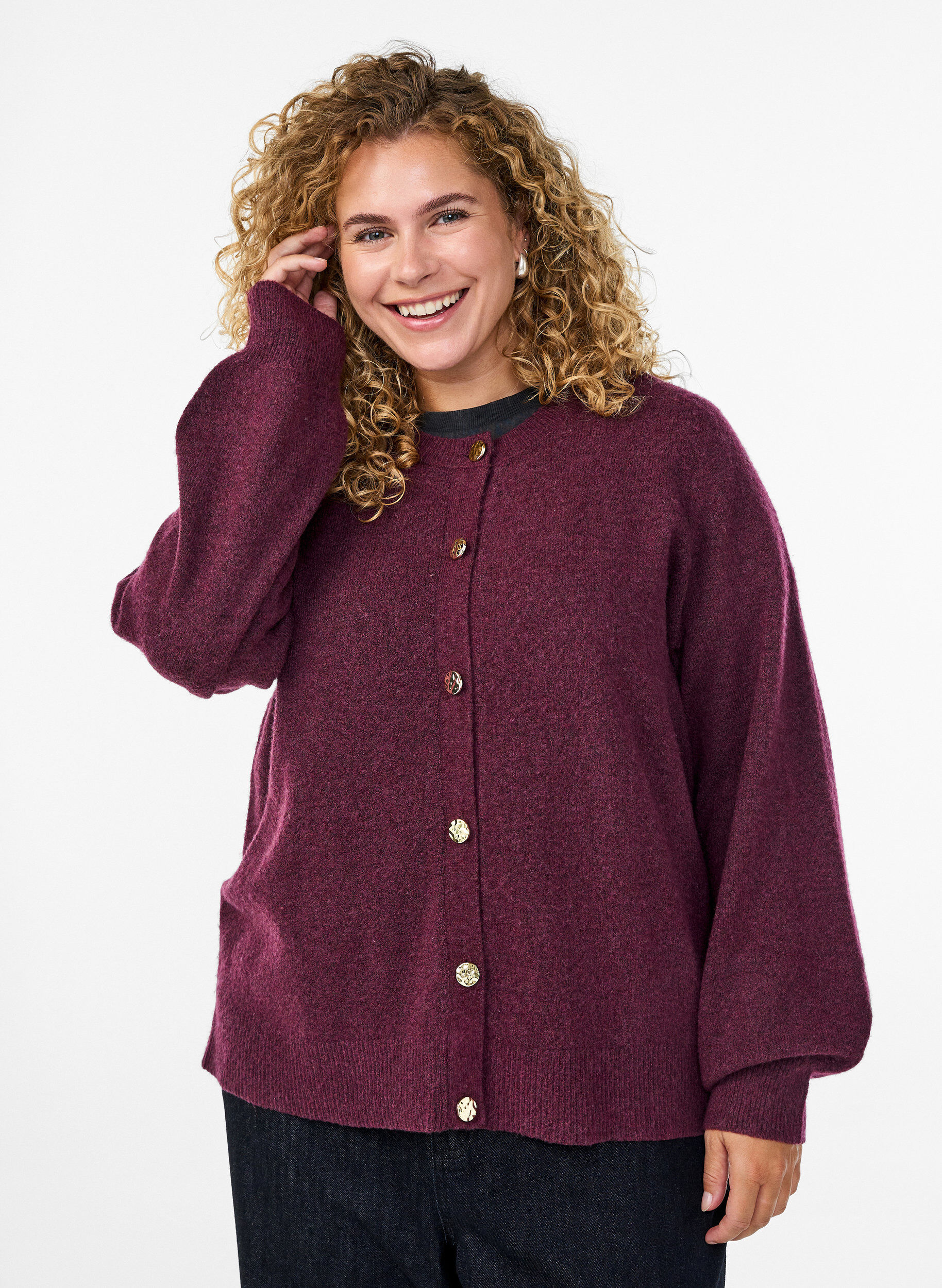 Zizzi Cardigan in zacht breisel met goudkleurige knopen, Donker Bordeaux, Model image number 0