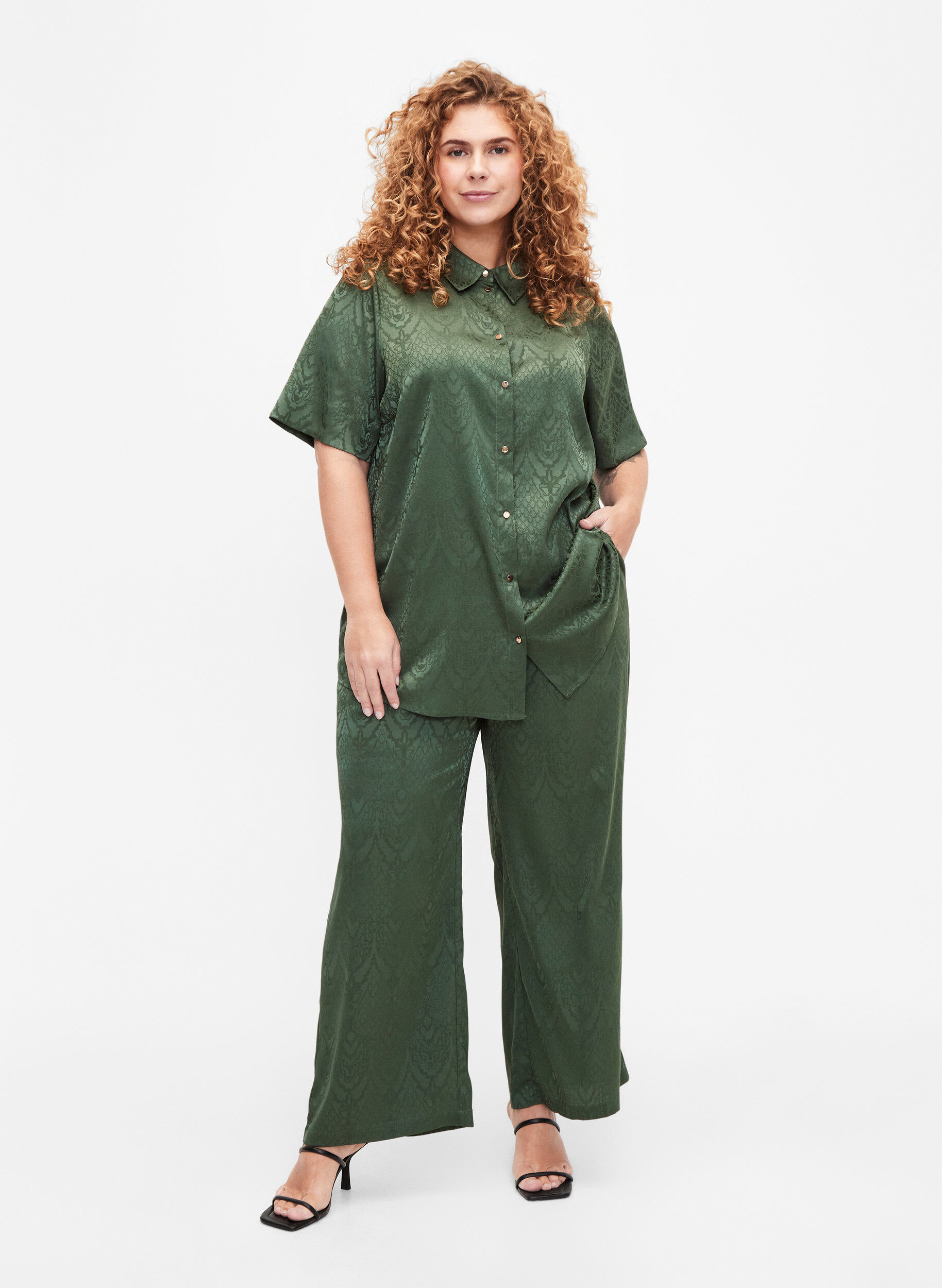 Zizzi Broek met structuurpatroon, Duck Green, Model image number 0