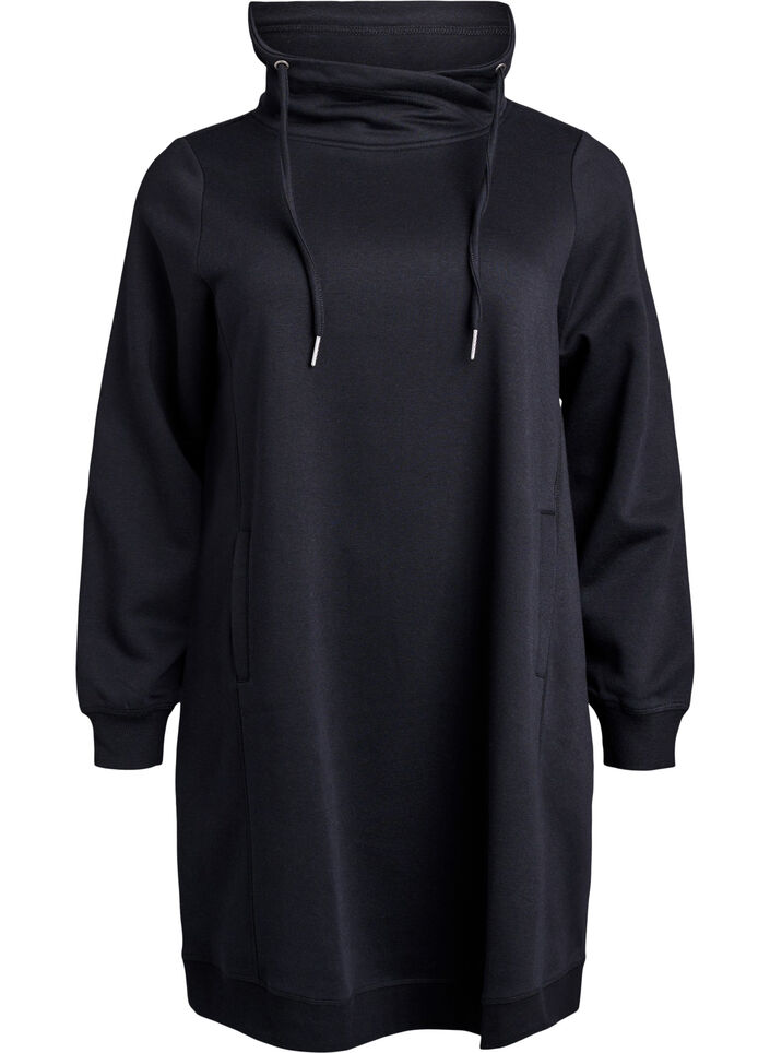 Kort sweatshirt jurk met hoge kraag en zakken, Zwart, Packshot image number 0