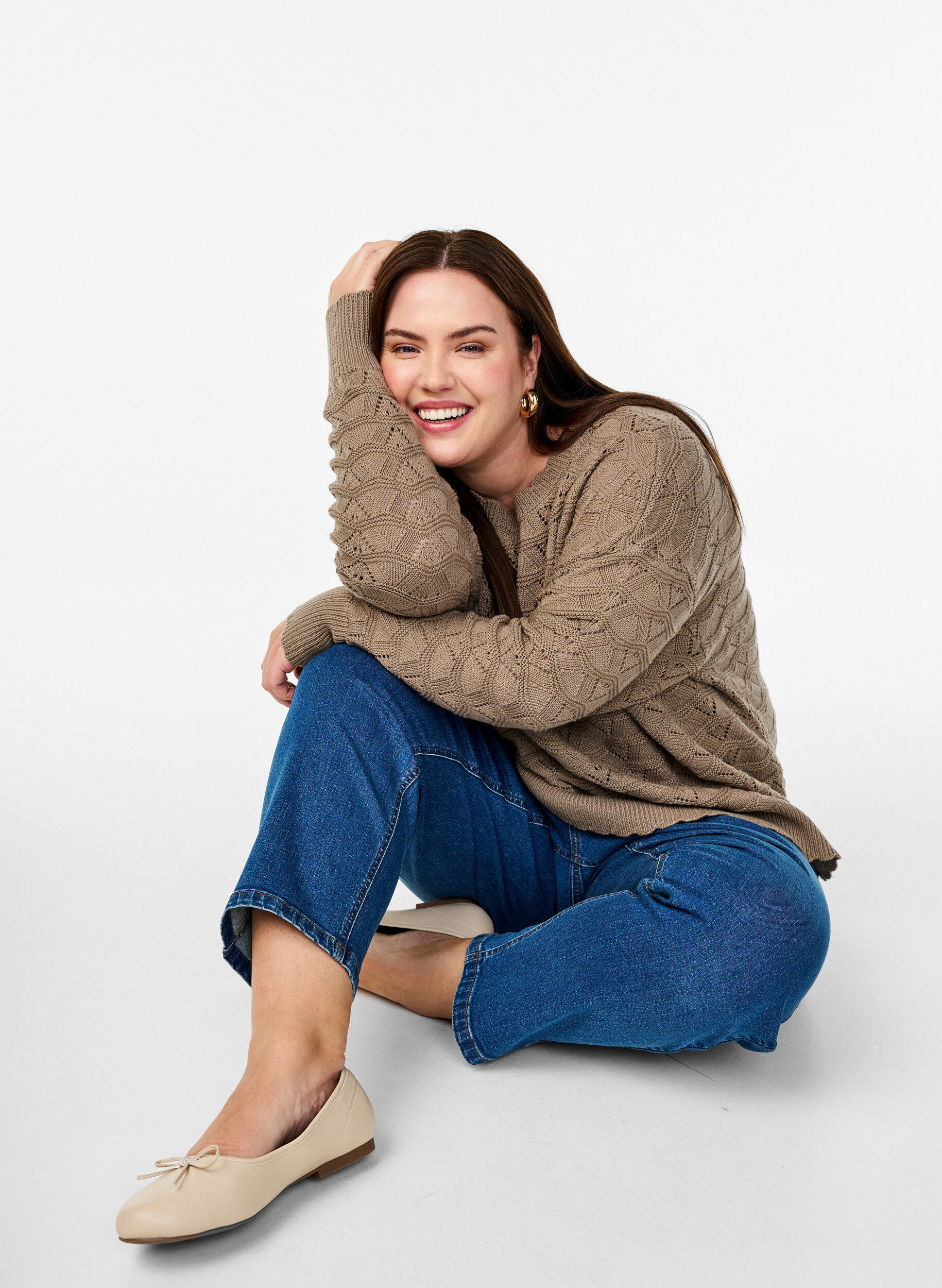 Zizzi Gebreide blouse met lange mouwen en een opengewerkt patroon, Desert Taupe, Image image number 0