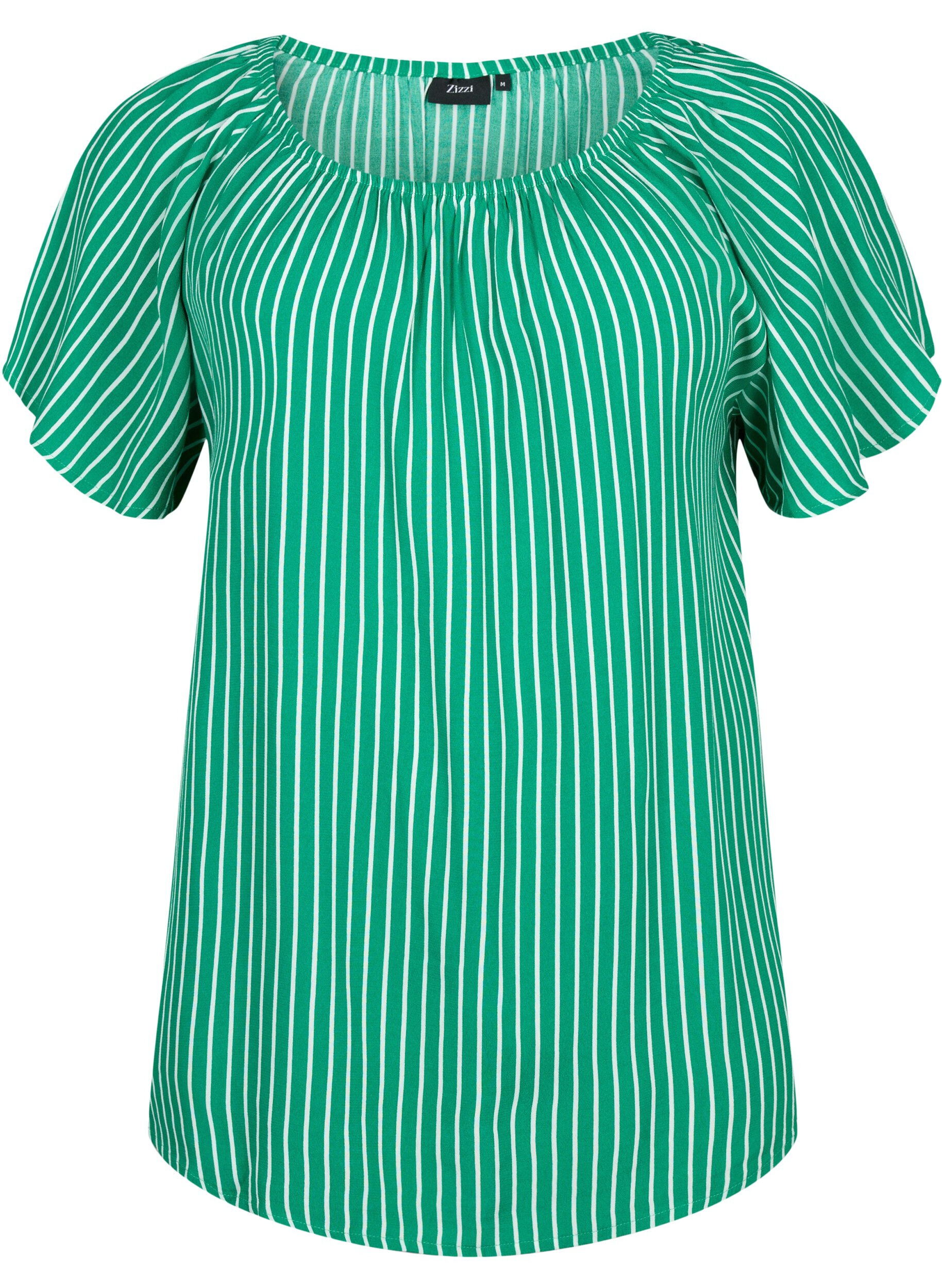 Zizzi Effen blouse van viscose met korte mouwen, J.Green/White Stripe, Packshot image number 0