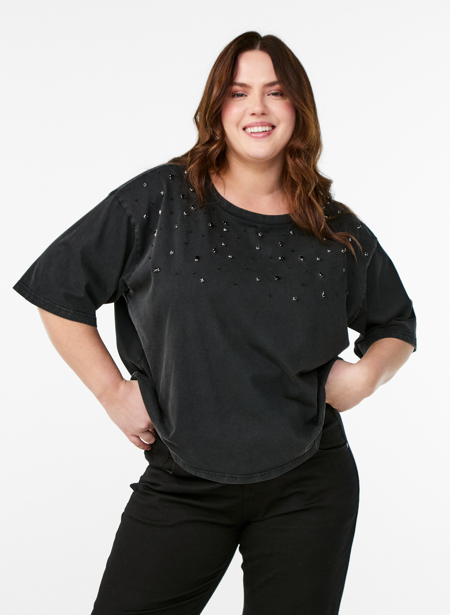 Boxy T-shirt met parels en strass-steentjes, Grijs, Model
