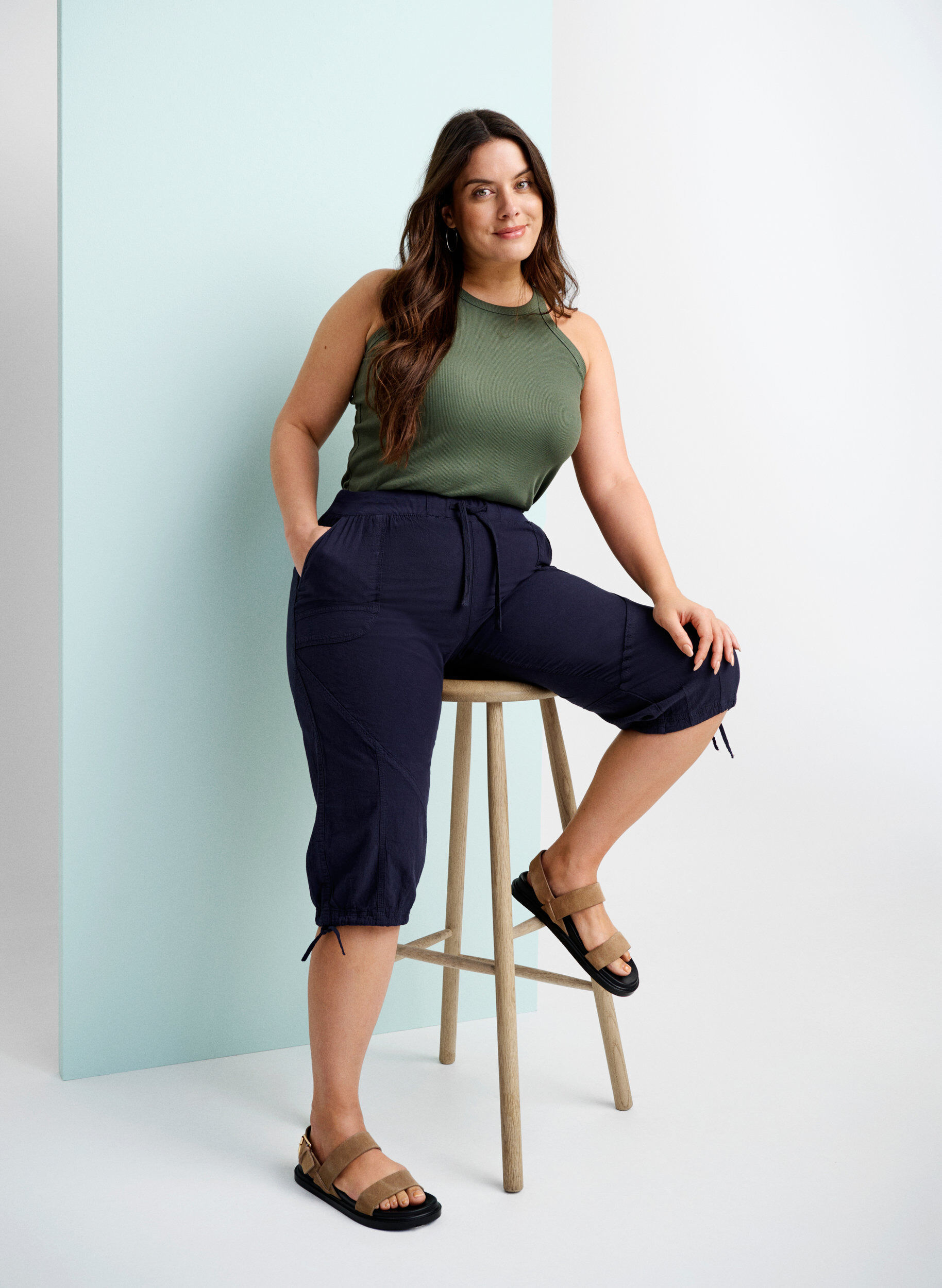 Zizzi Katoenen Capri-broek, Blauw, Image image number 0