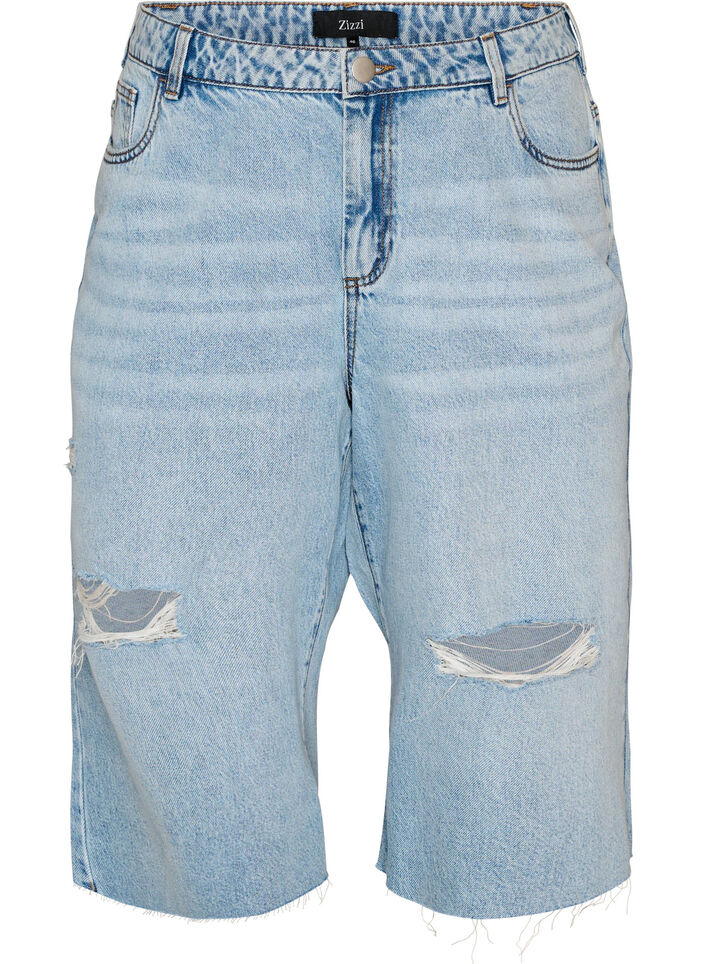 Gecropte jeans met een versleten look en rafelige randen, Blauw, Packshot