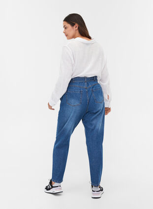 Jeans met hoge taille en riem, Blue denim, Model image number 1