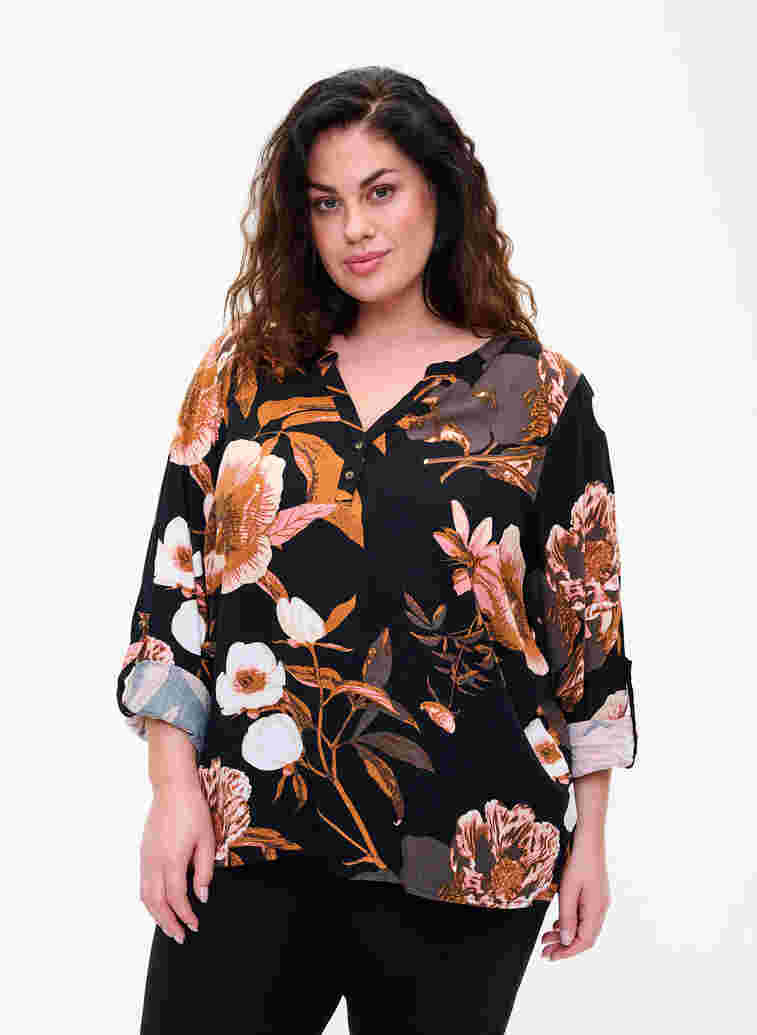 100% viscose blouse met bloemenprint, Black Flower AOP, Model image number 0
