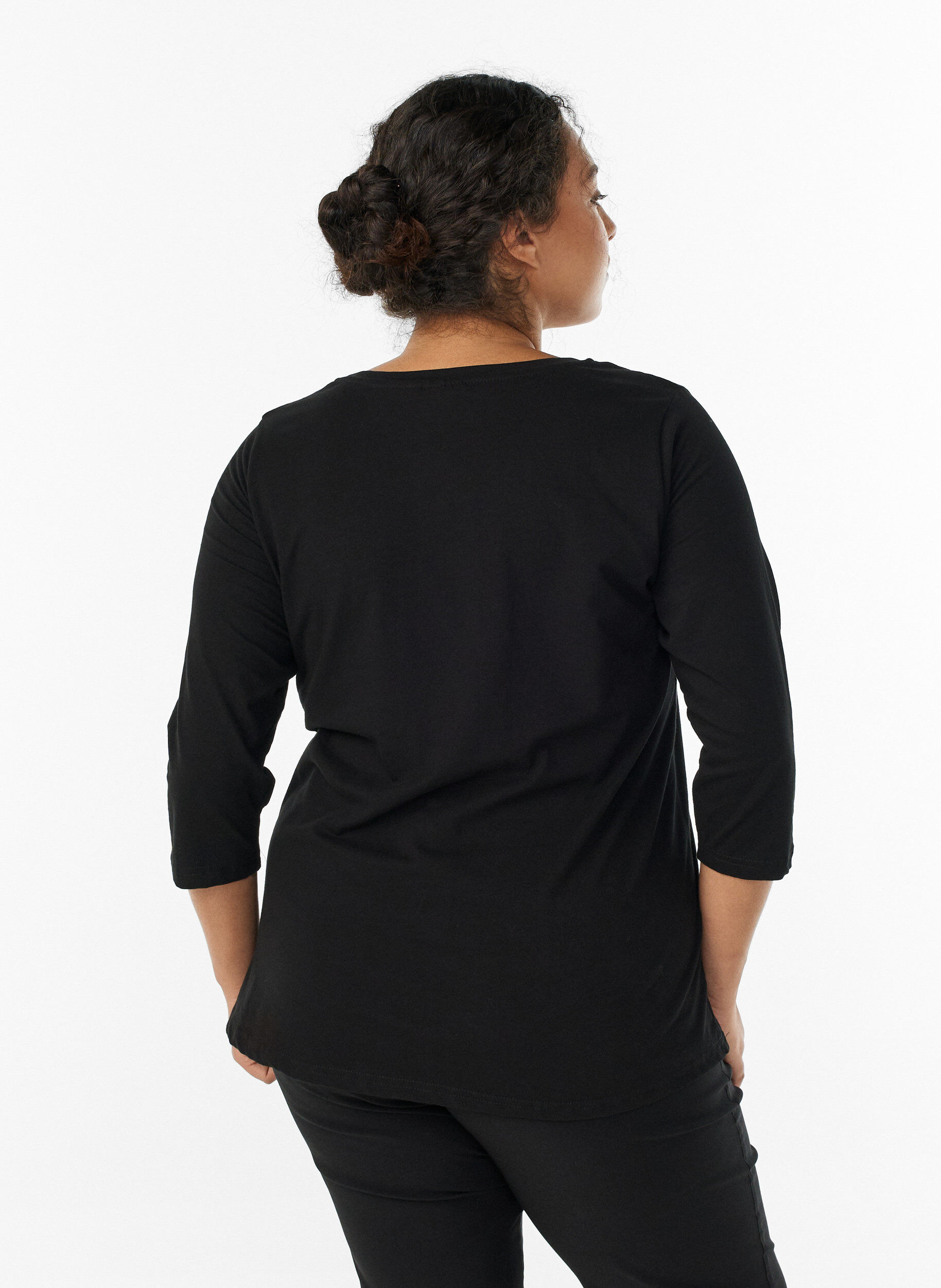 ZizziBasic katoenen t-shirt met 3/4 mouwen, Zwart, Model image number 2