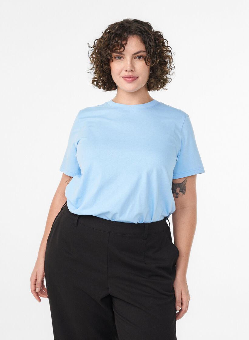 Basic katoenen T-shirt met ronde hals, Blauw, Model image number 0