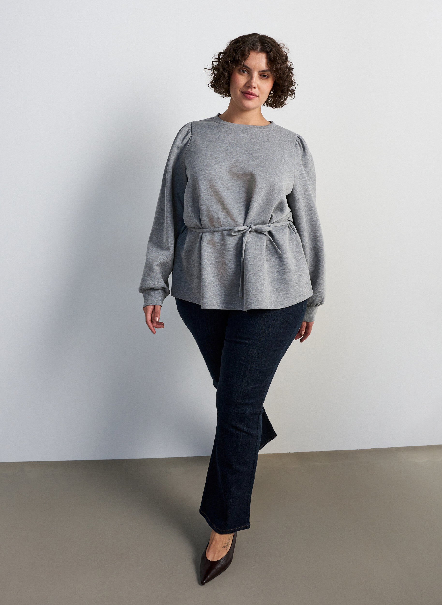 ZizziBlouse met strik en pofmouwen, Grijs, Model image number 1