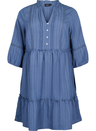 Gestreepte viscose jurk met kanten rand en 3/4 mouwen, Vintage Indigo, Packshot image number 0