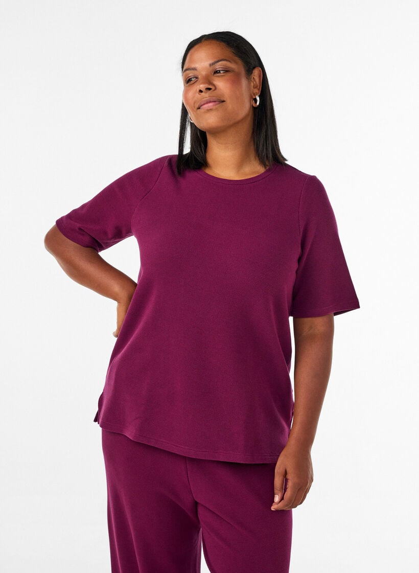 Blouse met een textuur met ellebooglengte mouwen, Rood, Model image number 0