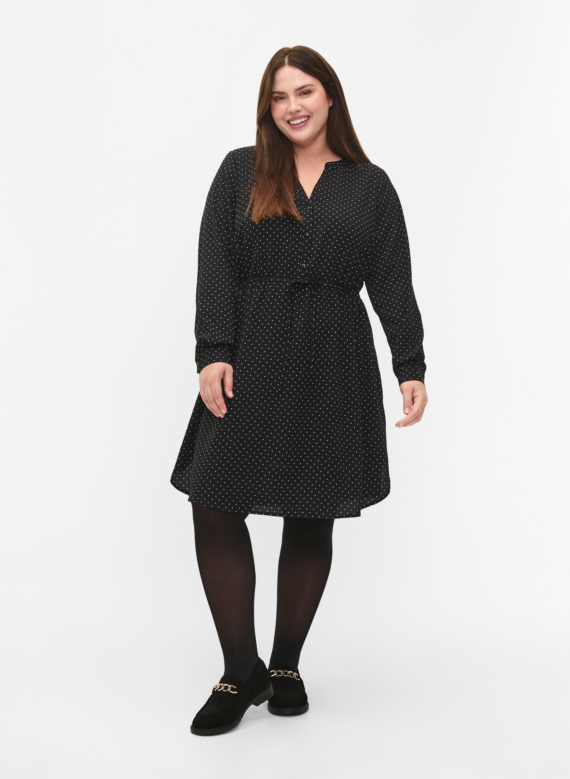 Zizzi Bedrukte jurk met koord in de taille, Black Dot, Model image number 2