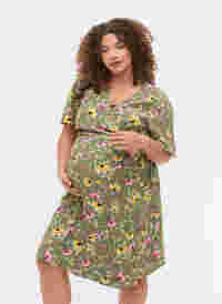 Zwangerschapsjurk in viscose met wikkel, Green Flower Print, Model