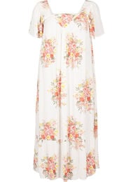 Lange jurk met een vierkante halslijn en bloemenmotieven, Vanille