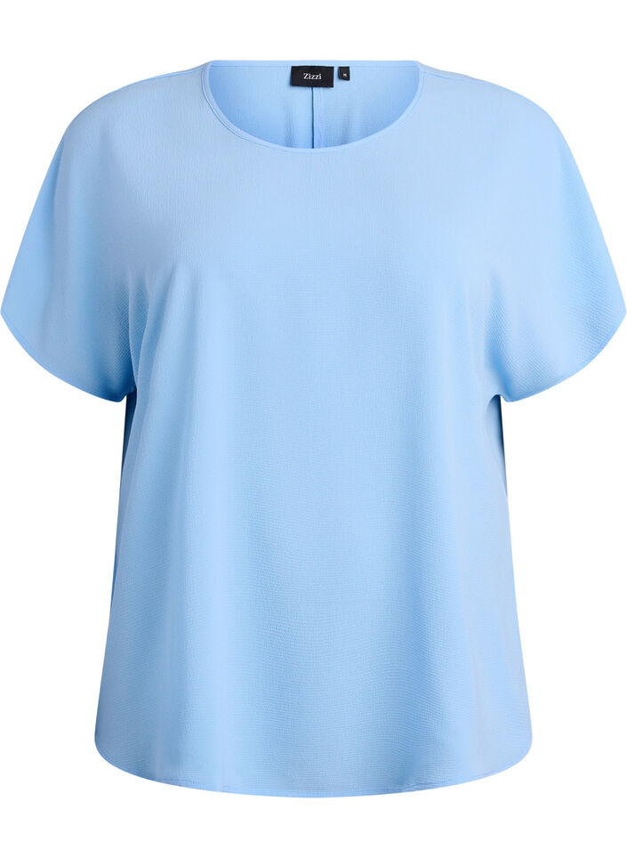 Blouse met korte mouwen en een ronde halslijn, Blauw, Packshot image number 0