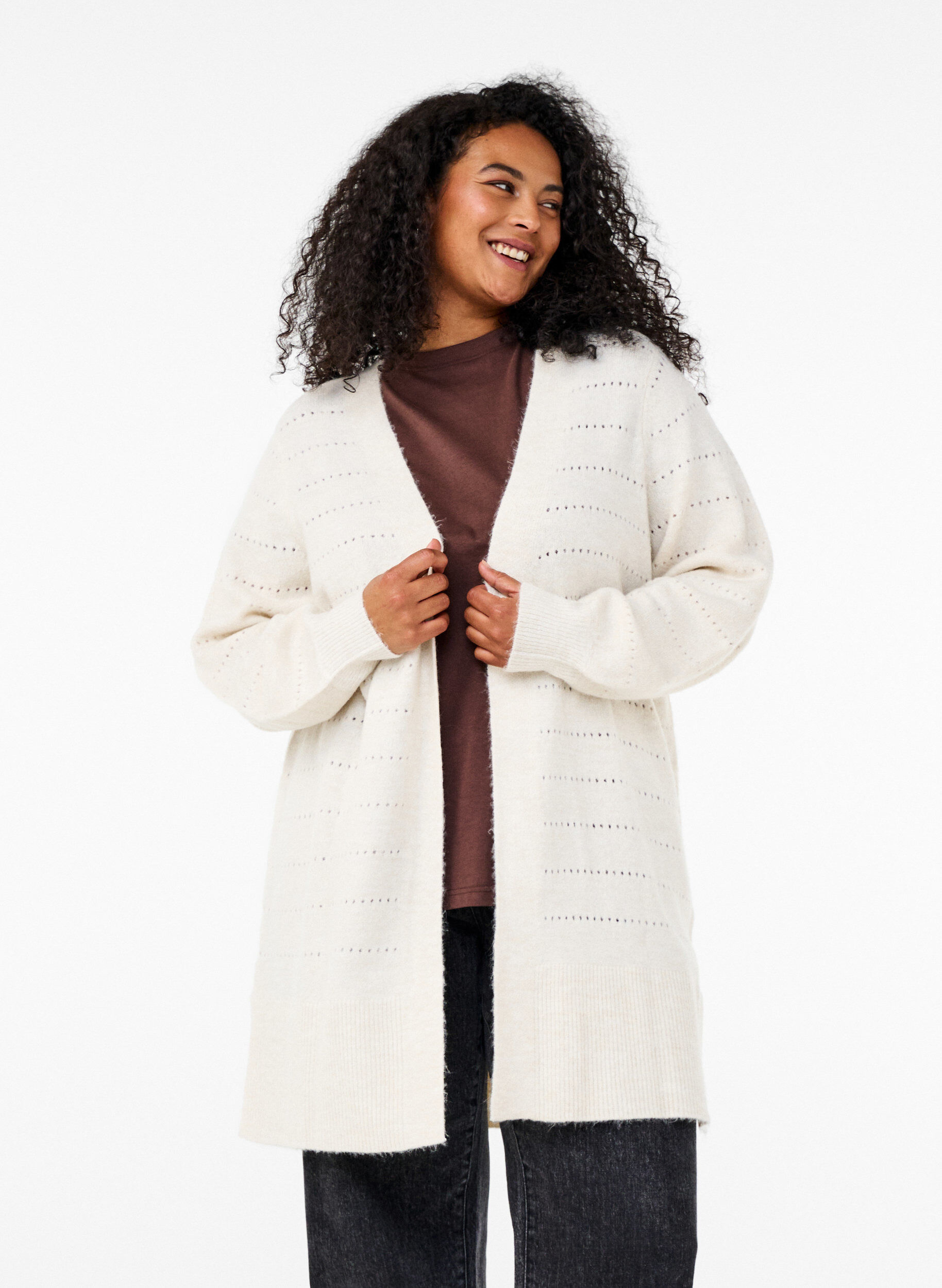 Zizzi Lange gebreide cardigan met een kantpatroon, Birch Mel., Model image number 0