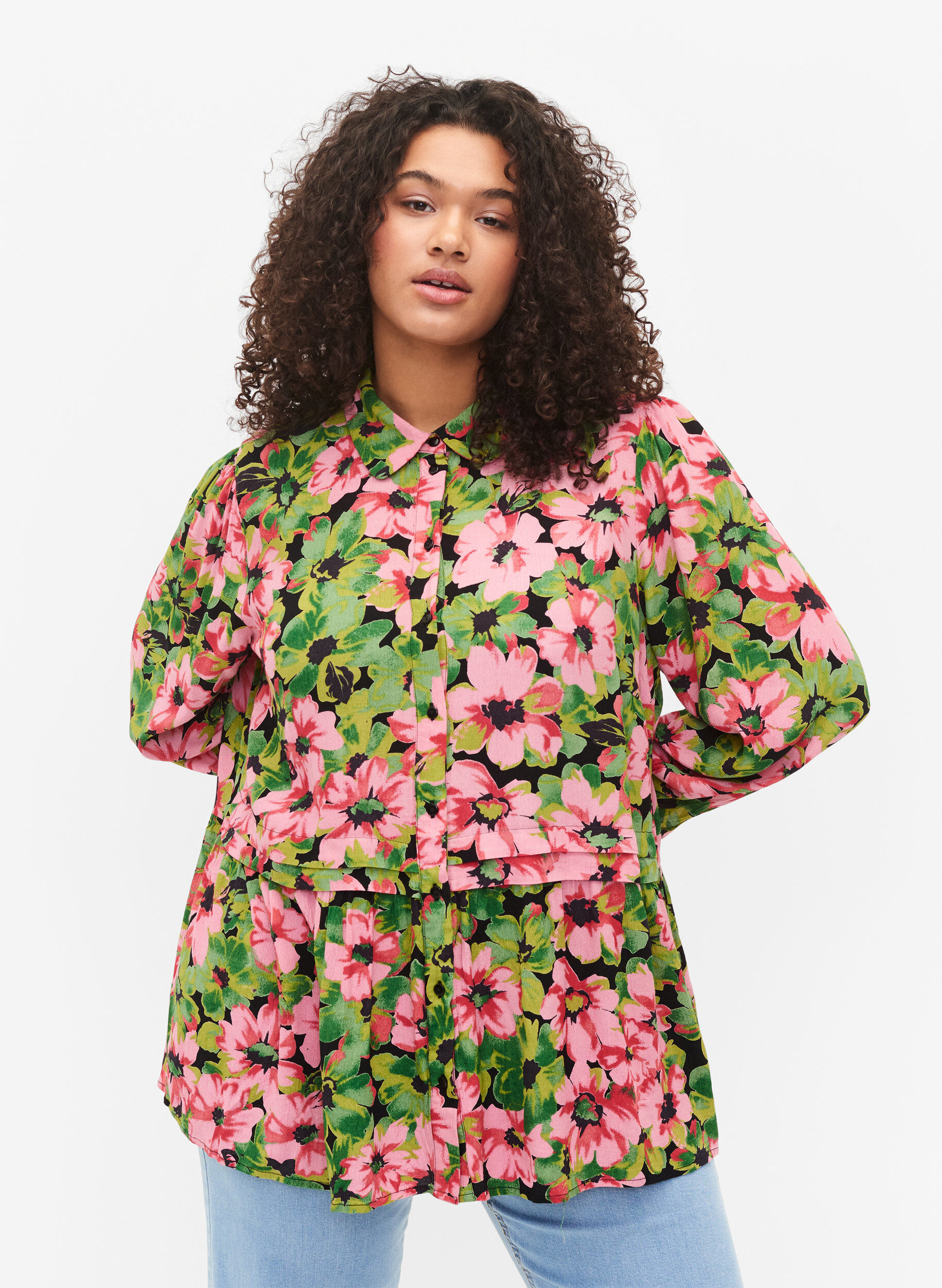 Zizzi Gebloemd overhemd van viscose, Pink G. Flower AOP, Model image number 0