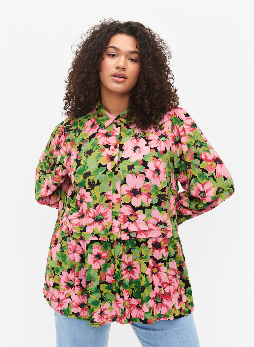 Gebloemd overhemd van viscose, Pink G. Flower AOP, Model image number 0