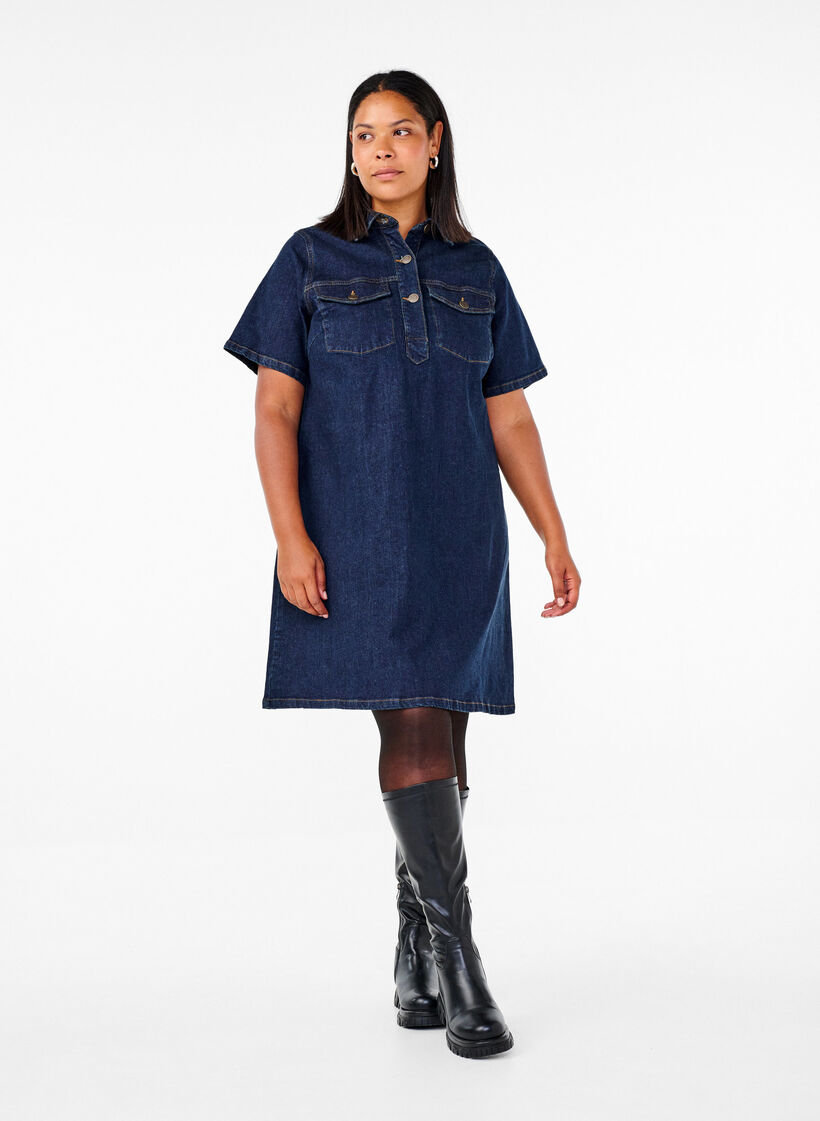 Denimjurk met korte mouwen en borstzakken, Dark Blue Denim, Model image number 2