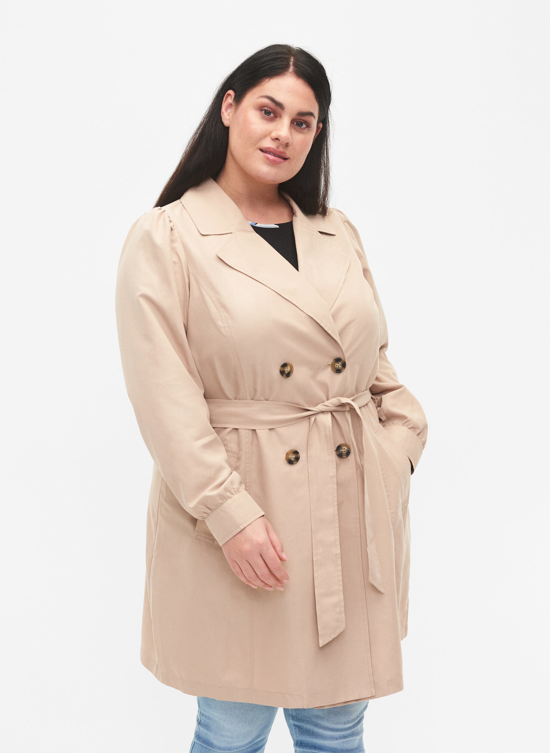 Zizzi Trenchcoat met riem en zakken, Nomad, Model image number 0