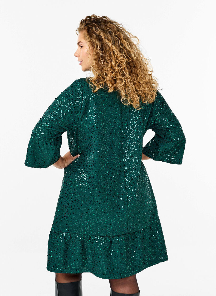 Paillettenjurk met V-hals en 3/4 mouwen, Rain Forest, Model image number 1