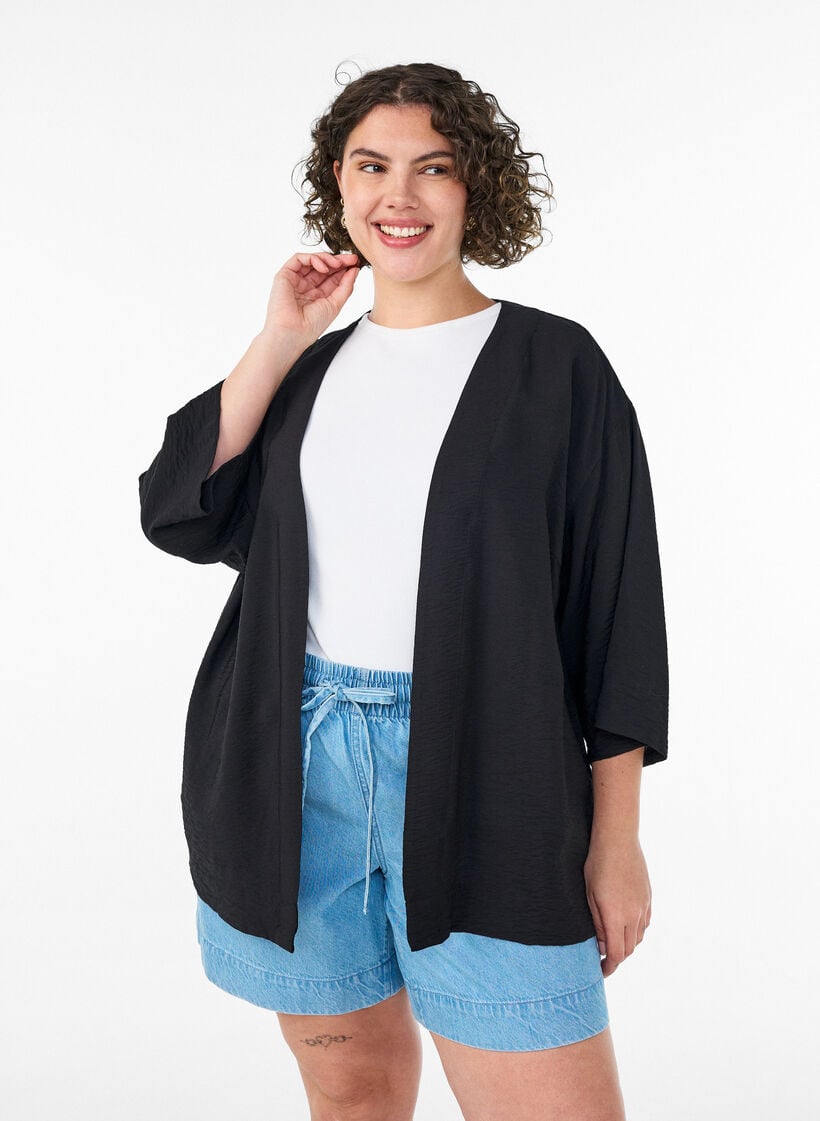 Korte viscose kimono met 3/4 mouwen, Zwart, Model image number 0