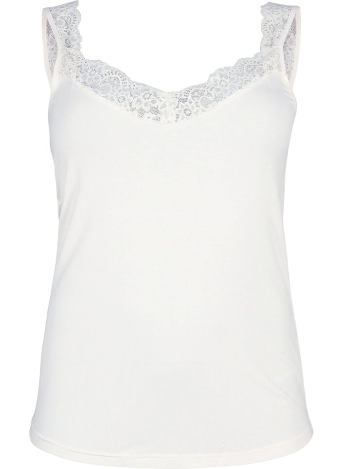 Top van viscose met kanten rand, Vanille, Packshot image number 0