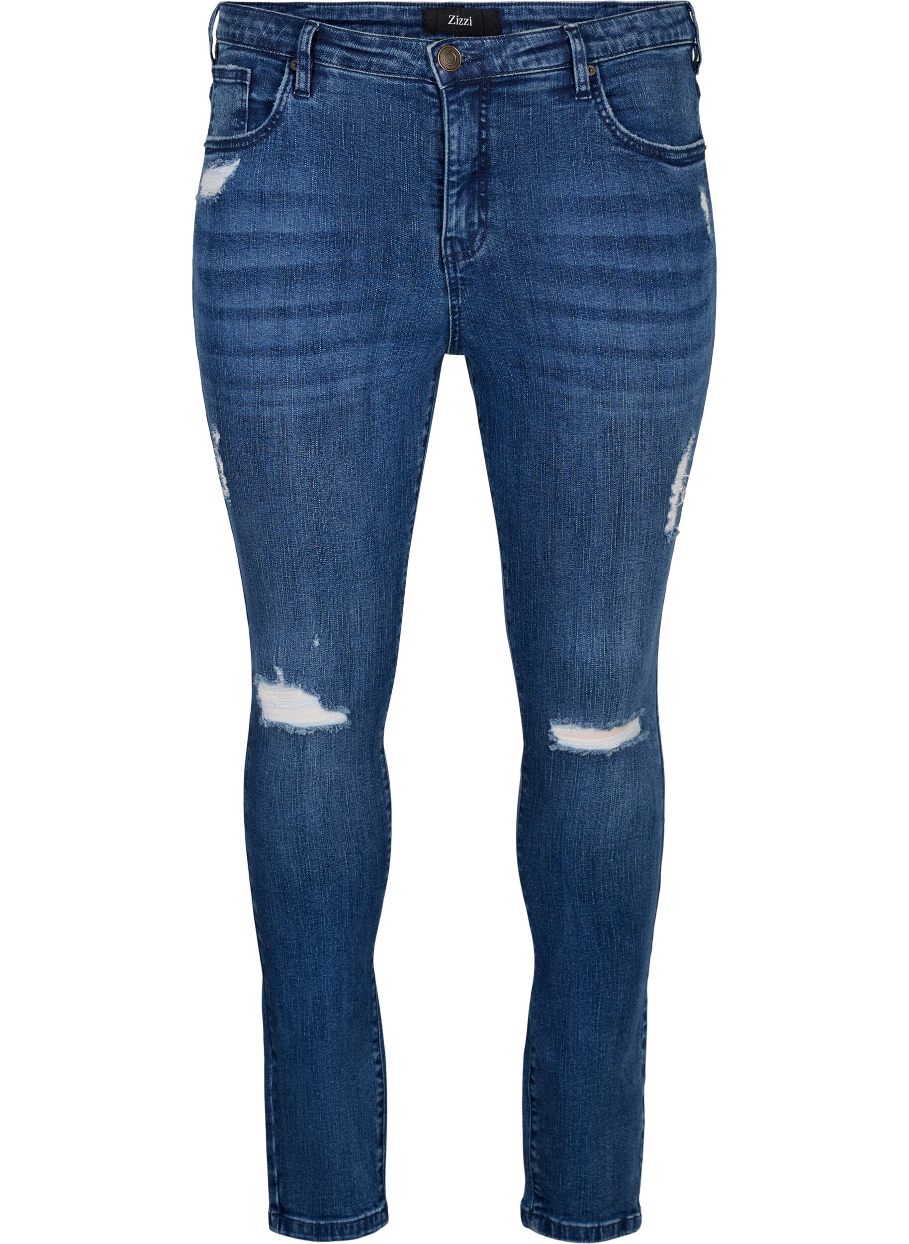 Zizzi Superslanke Amy jeans met slijtagedetails, Blue Denim, Packshot image number 0