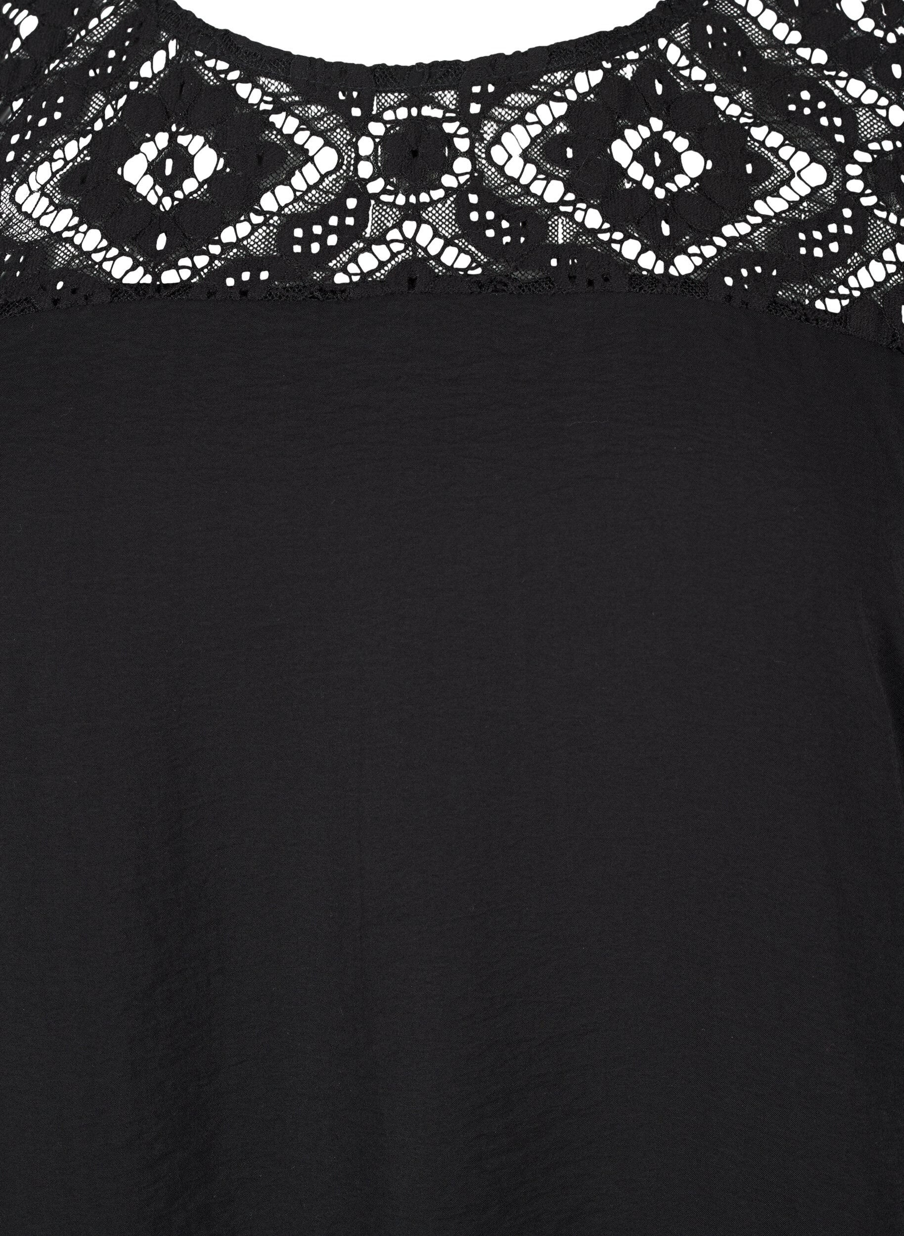 Zizzi Blouse van viscose met korte mouwen en kant detail, Black, Packshot image number 2