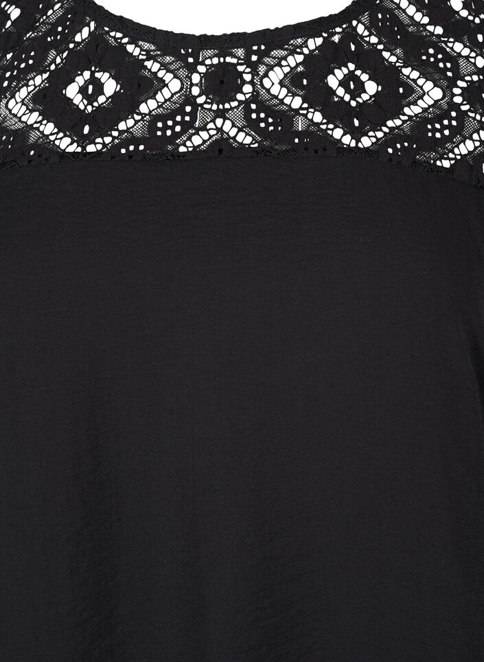 Blouse van viscose met korte mouwen en kant detail, Black, Packshot image number 2